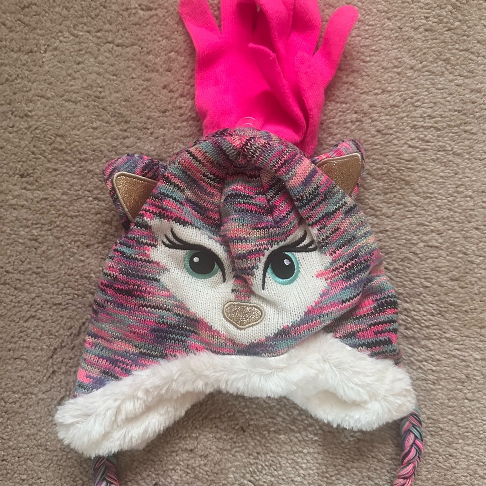 Kids Pink Cat Winter Hat Gloves Set